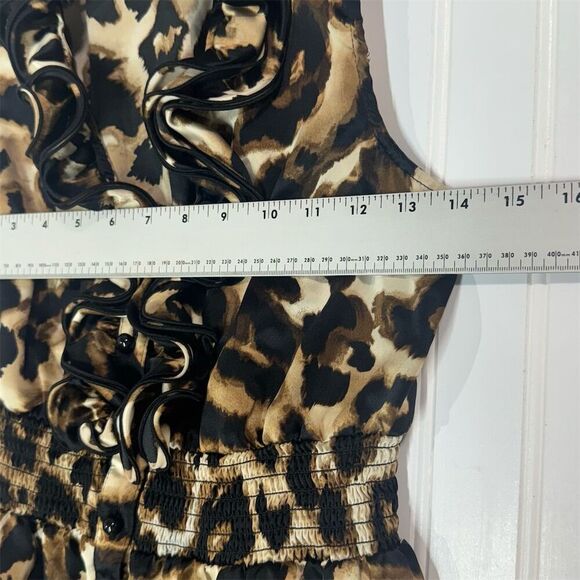 IZ Byer Leopard Print Ruffle Blouse M Sleeveless Button Front Smocked Waist Top - Picture 5 of 9